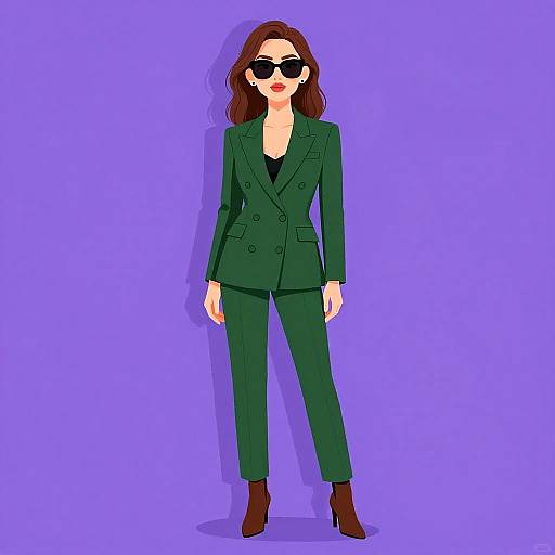 Digital illustration of a woman with brown hair, wearing a green blazer and pants, black sunglasses, and brown ankle boots, standing against a solid purple