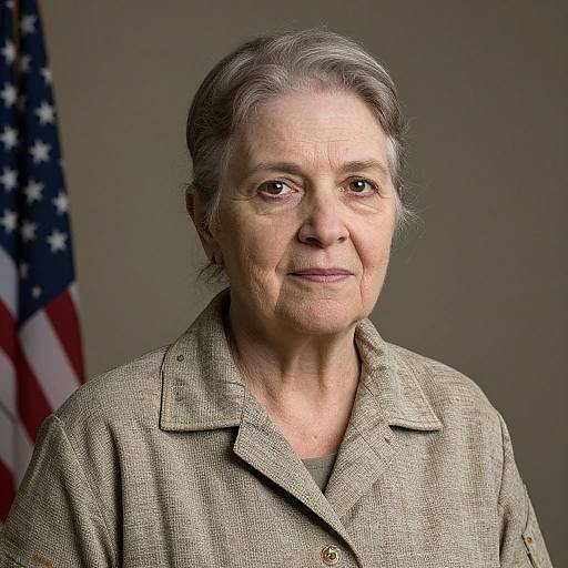 Photograph of an elderly white woman with gray hair, wearing a textured green button-up shirt, standing against a gray background with an American flag on the