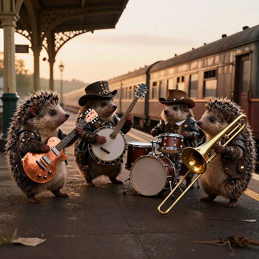 Steampunk Hedgehogs Rock Band at Sunset