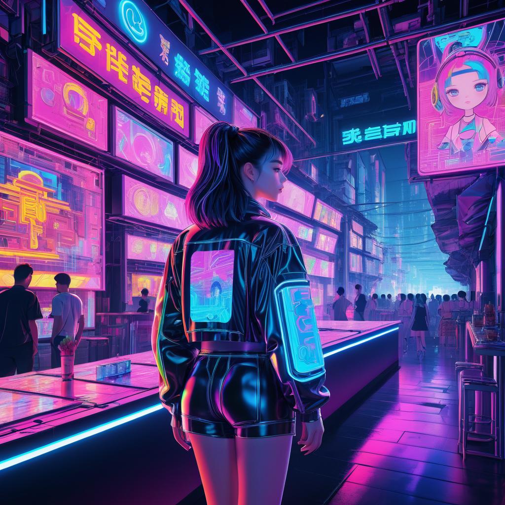 Cybernetic Girl at Neon Shanghai Pier