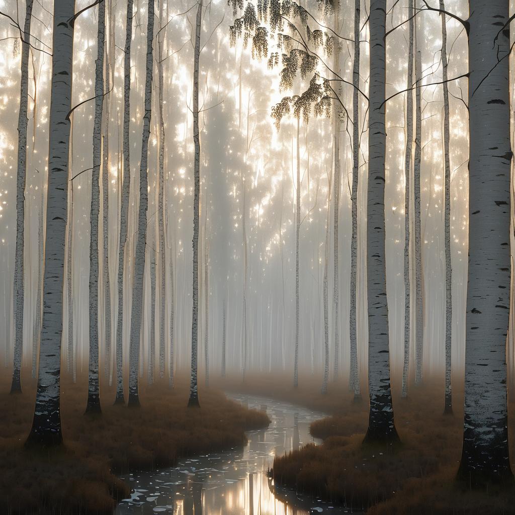 Serene Foggy Birch Woodland at Dawn