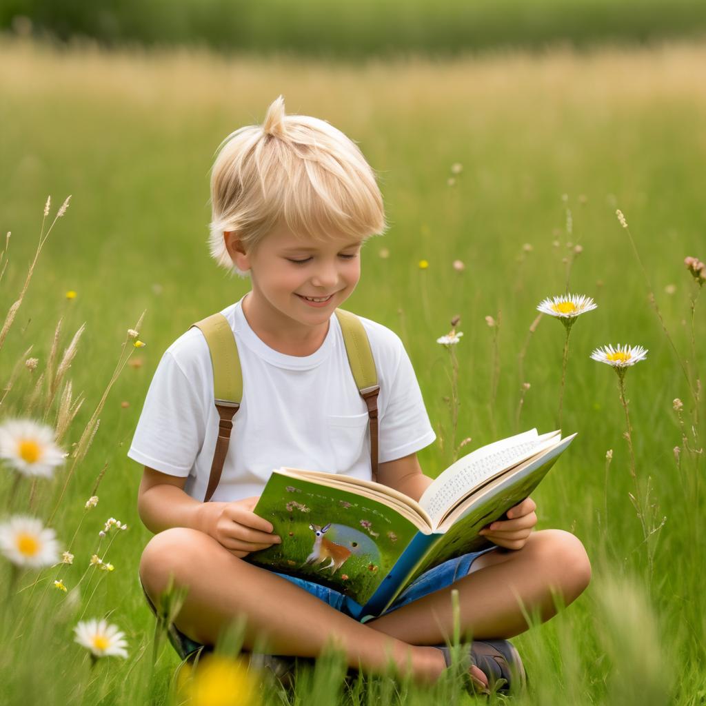 Boy Reading to Deer in Meadow