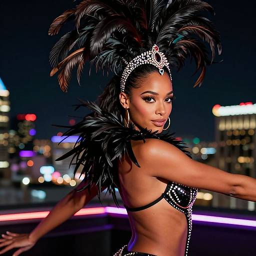 Photograph of a Black woman with dark skin, wearing a black feathered headdress, sequined top, and hoop earrings, dancing at night against