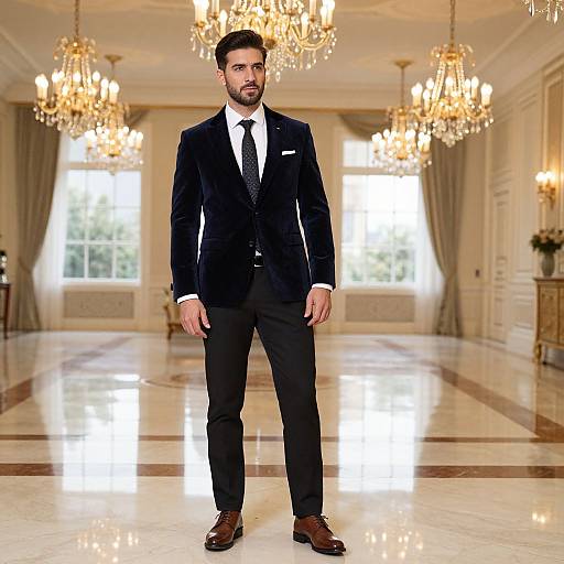 Handsome man in navy velvet blazer in luxurious room