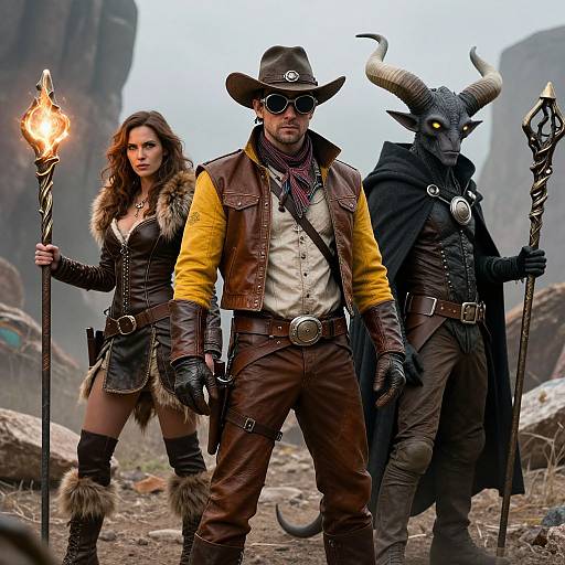 Photorealistic CGI of a rugged, yellow-shirted cowboy with sunglasses, a woman in fur-trimmed leather, and a horned, black