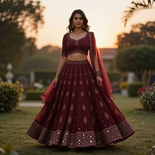 Photograph of a South Asian woman in a maroon, sequin-embellished traditional lehenga set, standing outdoors at sunset, with a