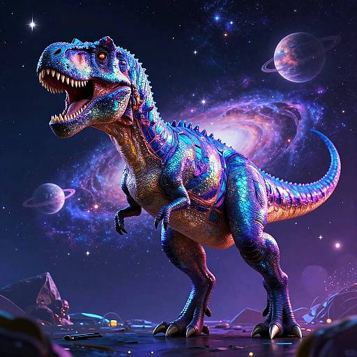 Glowing, neon-blue, digital dinosaur with sharp teeth and glowing scales stands in a vibrant, cosmic landscape with planets and stars.