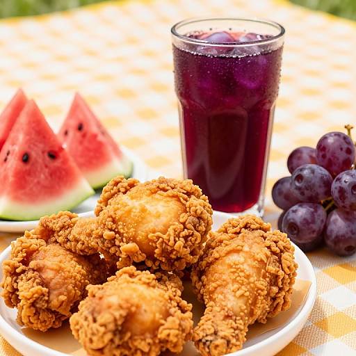 Photograph of golden fried fritters, fresh watermelon slices, dark purple grape juice, and plump purple grapes on a yellow tablecloth.