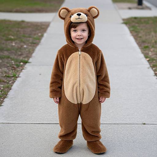 Child in Bear Costume on Sidewalk