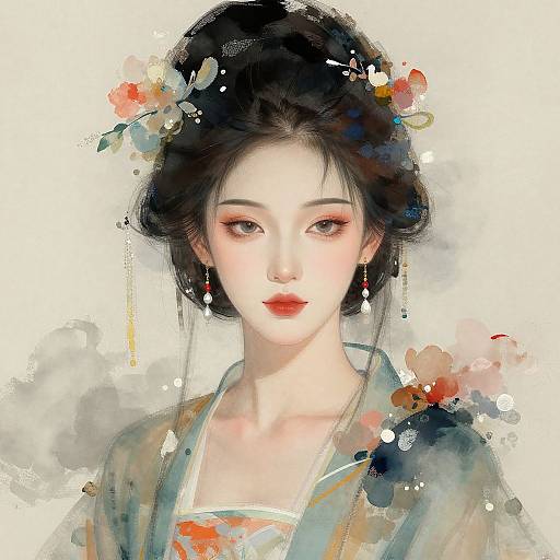 Digital watercolor portrait of a beautiful East Asian woman with fair skin, red lips, black hair adorned with flowers, and delicate earrings, wearing a traditional