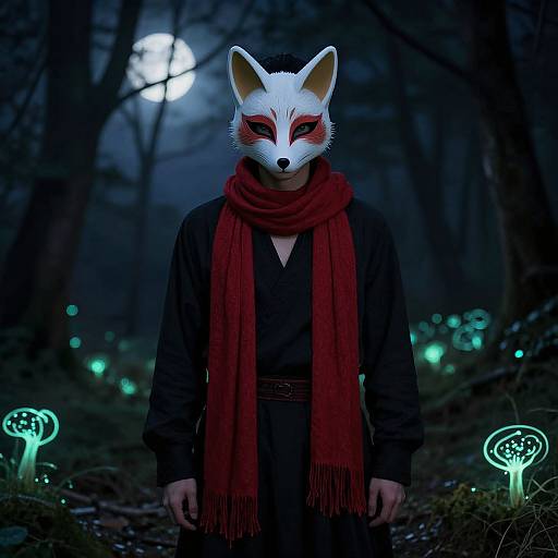 Photorealistic digital art of a person in a white fox mask, red scarf, black robes, standing in a dark forest with glowing mushrooms under a