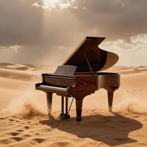 Photograph of a grand piano with its lid open, standing in a sunlit desert with golden sand dunes and dramatic clouds.