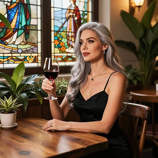 Elegant woman with long silver hair, wearing a black dress, sips red wine at a wooden table in a warmly lit, stained glass window cafe