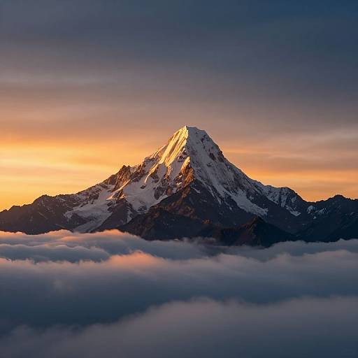 Photograph of a snow-capped mountain peak bathed in golden sunset light, with a layer of fluffy clouds below and a dramatic, colorful sky in