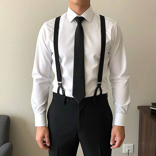 Photograph of a man's torso in a white dress shirt, black tie, black suspenders, and black pants, standing in a simple, light