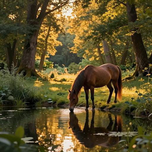 Photograph of a brown horse drinking from a reflective forest stream at sunset, surrounded by tall trees with golden light filtering through.
