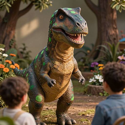 CGI photograph of a colorful, green-and-yellow dinosaur with sharp teeth, standing in a sunny garden with flowers and trees, two children facing it.