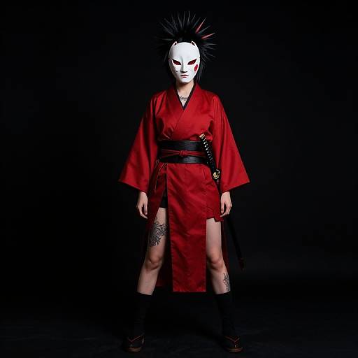 Photograph of a pale-skinned woman in a red kimono with black obi, white mask, black spiky hair, thigh tattoos, black