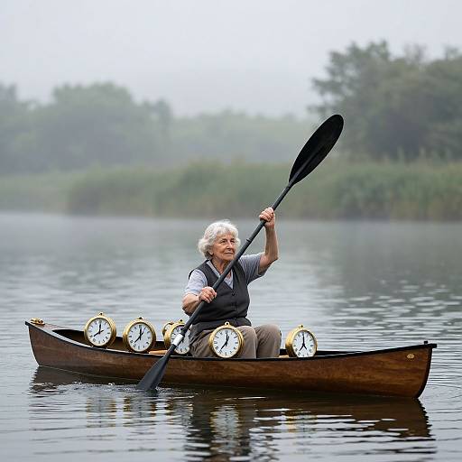 Photograph: Elderly white man with short gray hair, wearing a dark shirt and beige pants, paddles a wooden canoe with five large clocks on