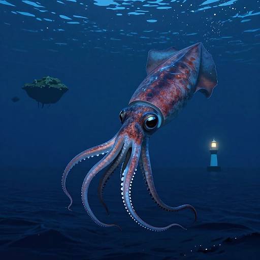 CGI image of a glowing, red and blue octopus with large eyes and tentacles, swimming near a submerged buoy and a distant rock in a