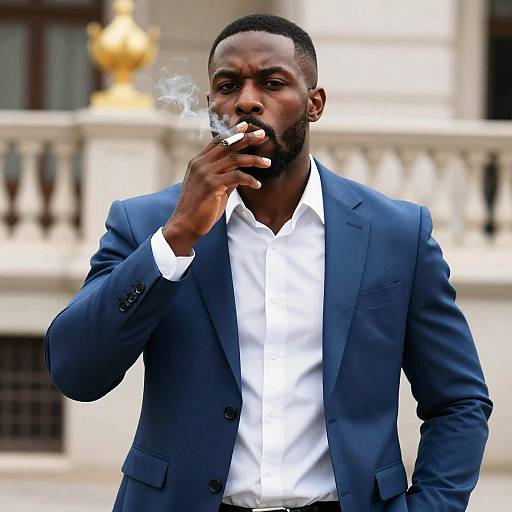 Serious Black Man in Blue Suit Outdoors