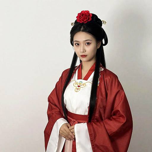 Woman in Traditional Chinese Costume with Red Rose