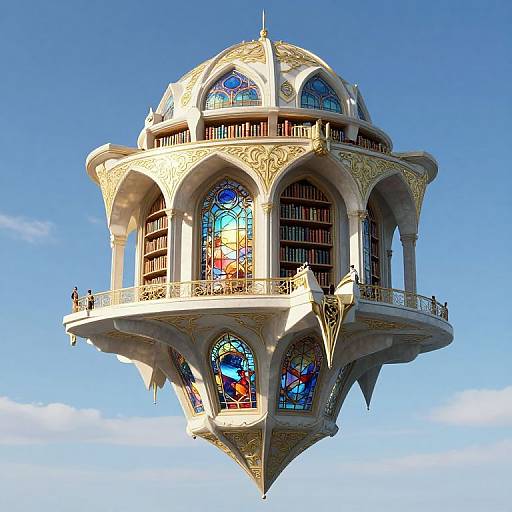 Fantasy, floating library with ornate, golden details, large stained glass windows, and arched balconies, against a clear blue sky.