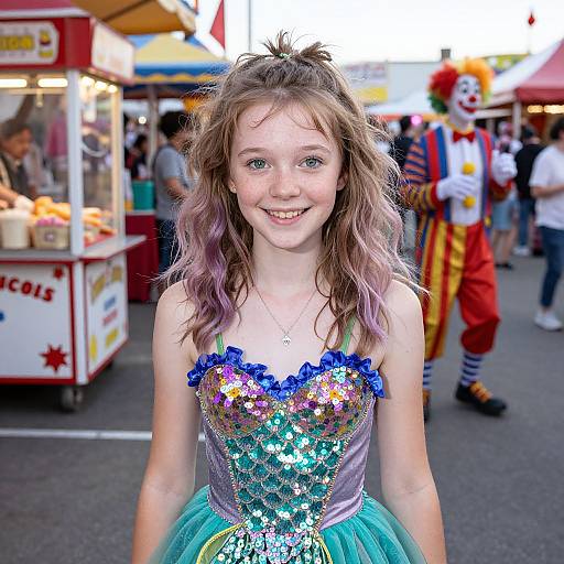 Photograph of a smiling young girl with wavy brown hair, wearing a sparkly, sequined blue and green dress, standing at a fair with