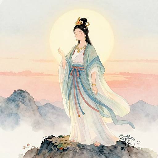 Digital illustration of a serene Asian woman in white and blue robes, adorned with jewelry, standing on a mountain peak at sunset.