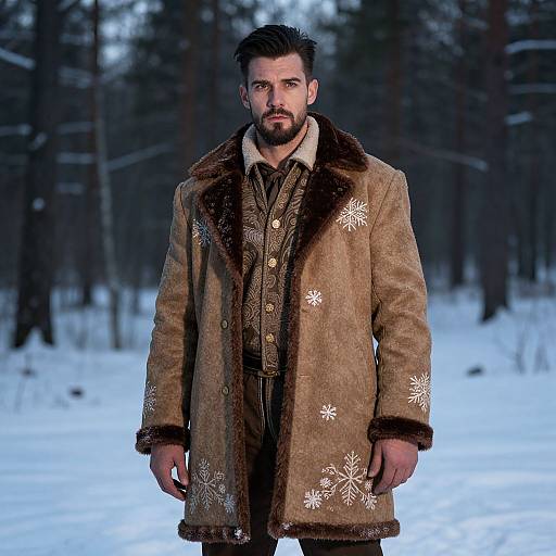 Photograph of a bearded man with dark hair, wearing a brown, snowflake-embroidered, fur-trimmed coat over a brown