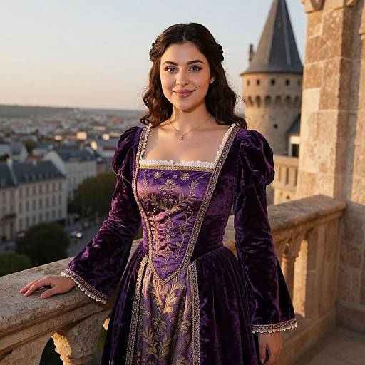Photograph of a dark-haired woman in a purple, velvet Renaissance-style dress, standing on a castle balcony at sunset, overlooking a cityscape.