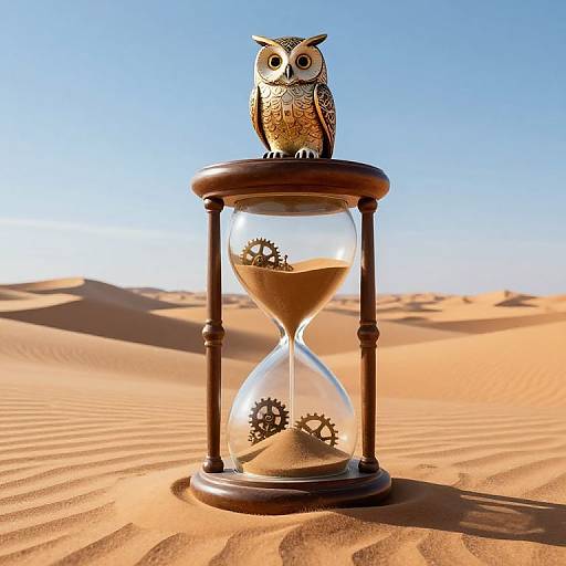 Photograph of an hourglass with an owl figurine on top, set in a desert with golden sand and blue sky.