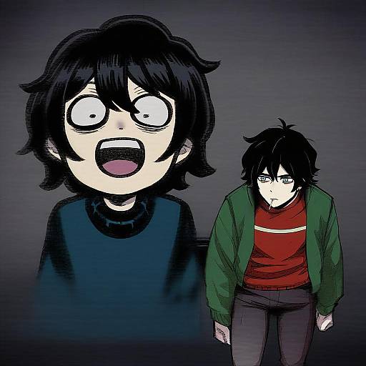 Illustration of Andrew graves, the coffin of andy and leyley in the style of Puyo (puyotopia)