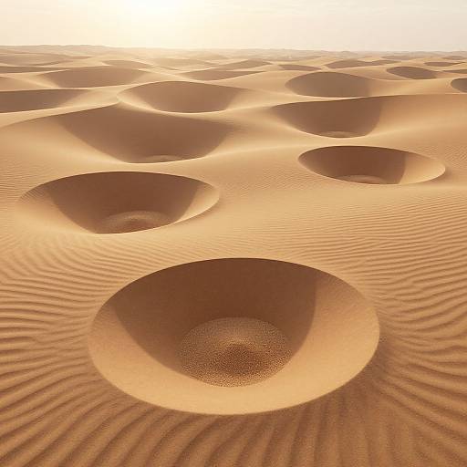 Photograph of a sunlit, desert landscape with numerous circular sand formations, creating a ripple-like texture across the golden, undulating dunes.