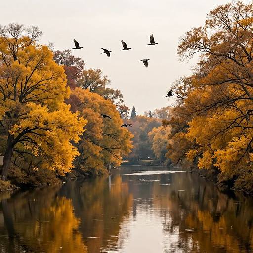 Photograph of a tranquil autumn river with vibrant orange and yellow leaves on trees, reflecting in the water, and seven birds flying overhead against a white sky