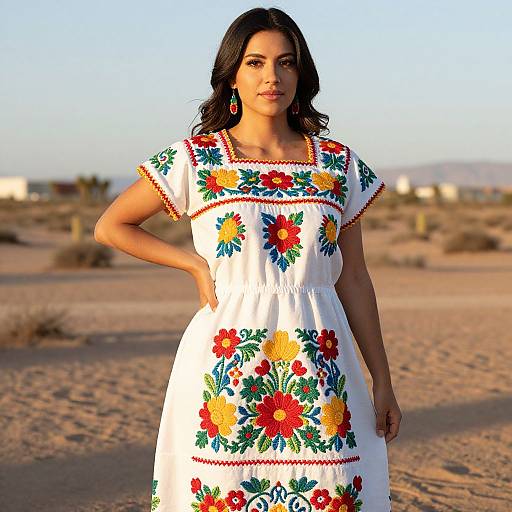 Photograph of a smiling South Asian woman with dark hair, wearing a white floral embroidered dress, standing in a desert landscape.