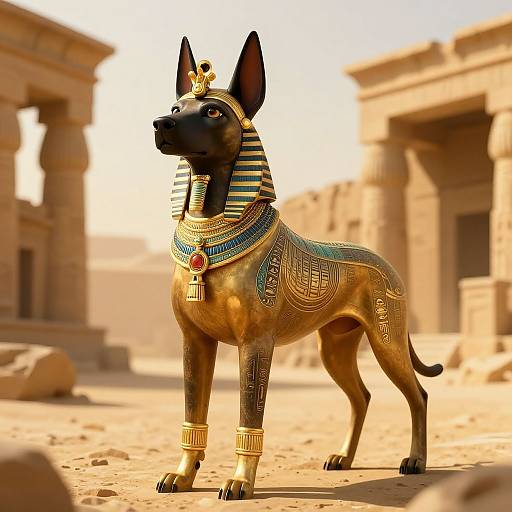 Digital artwork of an Anubis-like dog in ancient Egyptian style, adorned with gold jewelry and intricate blue and gold patterns, standing in a sunlit