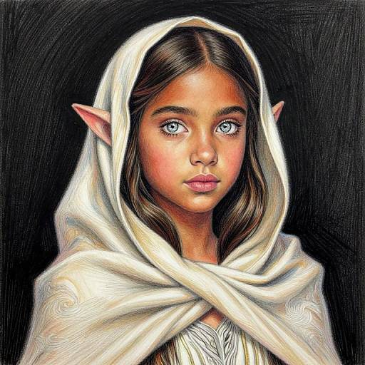 Digital painting of a young, fair-skinned, elf-like girl with large blue eyes, long brown hair, and pointed ears, wearing a white hood