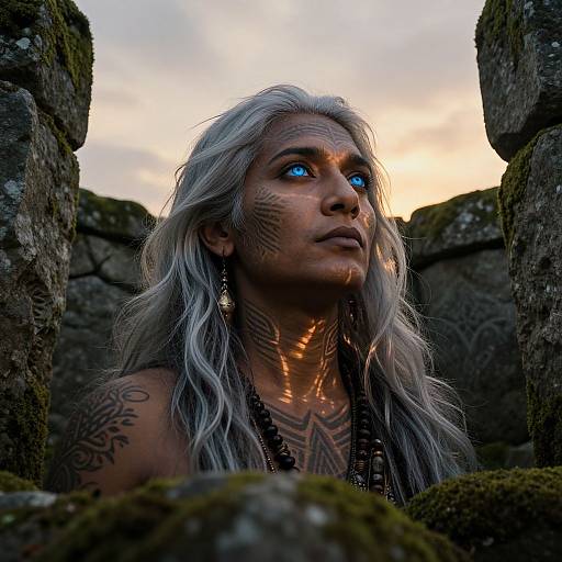 Photograph of a silver-haired woman with blue eyes, tribal tattoos, and black bead necklace, framed by mossy stone ruins at sunset.