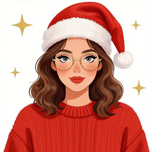Digital illustration of a cute, smiling woman with wavy brown hair, round glasses, red Santa hat, and red sweater, against a white background with