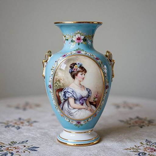 Photograph of a blue porcelain vase with gold accents, floral decorations, and an oval painting of a 19th-century woman in white dress, sitting
