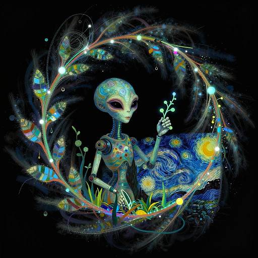 Alien Botanist in Luminescent Fibonacci Spiral
