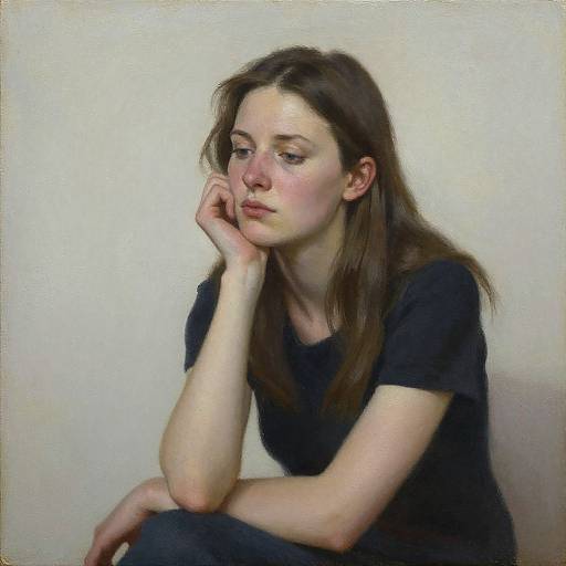 Photorealistic painting of a pensive young woman with fair skin, brown hair, and black shirt, resting her cheek on her hand against a plain