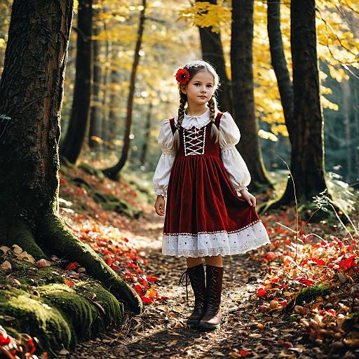 Young Girl in Hansel and Gretel Costume in Autumn Forest