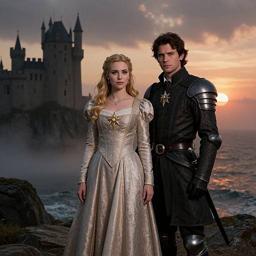 Photorealistic CGI of a blonde princess in a shimmering gown and a dark-haired knight in armor standing before a castle at sunset over a misty