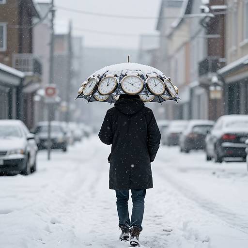 Photograph of a person in a black coat and pants, holding a unique umbrella with six clock faces, walking down a snowy urban street.