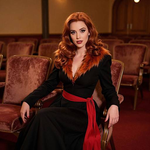 Photograph of a red-haired woman with vintage curls, wearing a black dress with red fur collar and red sash, seated on a plush brown chair