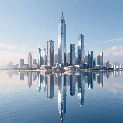 Photograph of a modern city skyline with tall, reflective skyscrapers mirrored in calm, blue water under a clear sky.