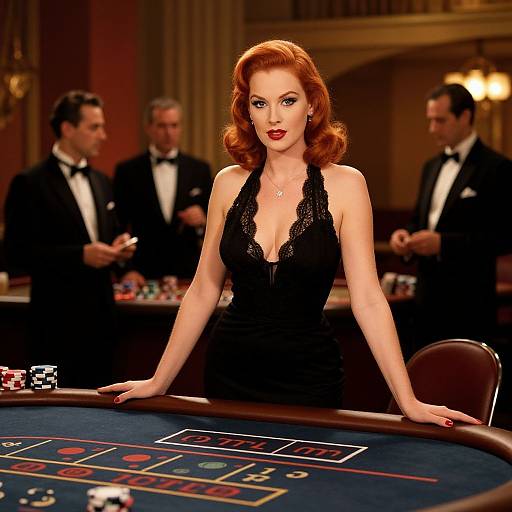 Photograph of a red-haired woman in a black lace halter dress, leaning on a casino poker table, surrounded by three tuxedo-clad