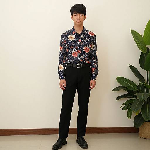 Photograph of an Asian man with short black hair, wearing a floral shirt, black pants, and black shoes, standing against a white wall with a